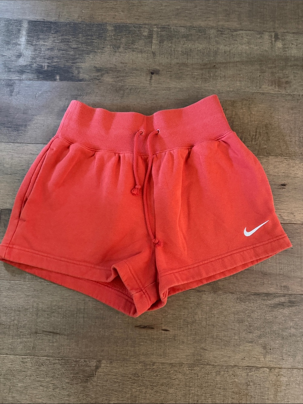 Nike Women’s Coral-Red Ribbed Waist Athletic Shorts